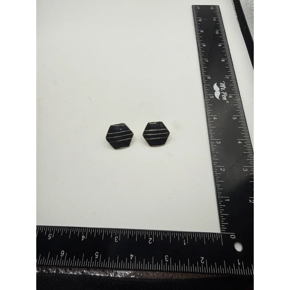 Vintage Black Enamel Hexagon Clip On Earrings Silver Tone Geometric‎ Art Deco